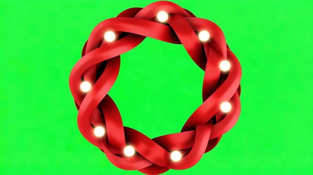 Abstract red braided circle with luminous dots, isolated on chroma key green background