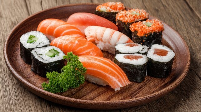An assortment of delicious sushi rolls and nigiri are artistically arranged on a wooden plate, showcasing Japanese culinary excellence and freshness.