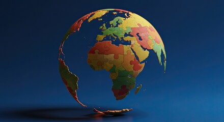 Colorful jigsaw puzzle globe for global business solutions, international collaboration, and worldwide connection concepts on a vibrant blue background, symbolizing unity
