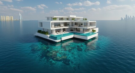 An overwater modern mansion in Dubai, with glass-bottom floors revealing the marine life below. Sleek design, private helipad, and panoramic views of the Persian Gulf and skyline.