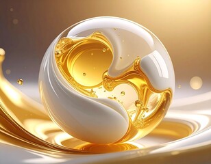 透明な球体の中で揺らめく黄金の液滴 ジェネレーティブAI