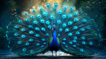Obraz premium Vibrant peacock displaying its colorful feathers in lush environment, showcasing beauty and elegance