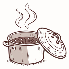 Cartoon pot with stew and steam, lid ajar cooking heat