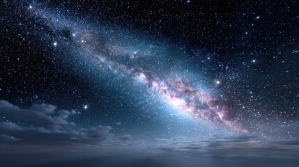 Cosmic Starry Night Sky with Countless Stars and Nebula Over Ocean Under Dramatic Cloudy Dark Blue Sky