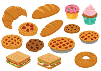 Vector illustration pastries Includes croissant bread cookie pie cupcake donut sandwich and bagel