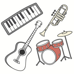 Colorful Music Instruments Collection Keywords: guitar, keyboard, trumpet, drum set, music