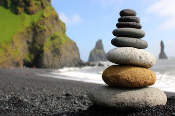 Stacked stones balance on black sand beach, dramatic cliffs in background