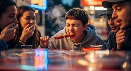 Young woman reacting to spicy street food with friends