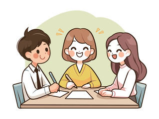 Obraz premium Three students are working together at a table, smiling and engaged in a creative discussion while noting ideas on papers. The atmosphere is cheerful and focused.