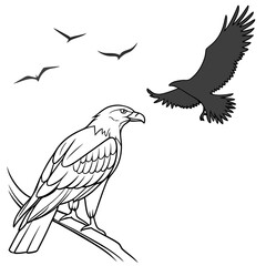 Obraz premium Eagle Perched on Branch with Birds Flying Above sitting