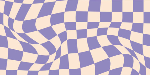 Seamless purple checkerboard pattern. Repeating distorted checkered texture. Groovy trippy abstract background. Vintage retro style wallpaper for textile, fabric, wrapping paper. Vector check surface