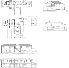 Architectural Drawing of 2-Storey Residential Building with Section, Furniture, and Layout Plan