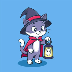 Cute Witch Cat Holding Halloween Lantern Illustration