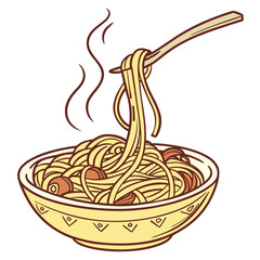 Fork Lifting Spaghetti from a Yellow Bowl Keywords: spaghetti, pasta, fork, lifting, serving