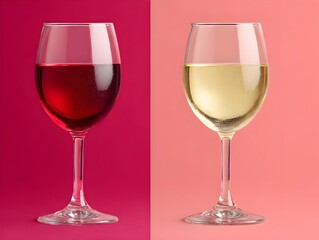 Two glasses of wine, one red and one white, stand side by side against a split colored background softly lit.
