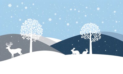 Obraz premium Silhouette of Deer and Rabbits in Winter Snowscape