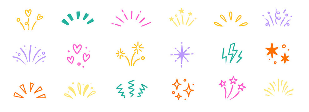Star background confetti set. Hand drawn doodle star shapes and birthday confetti with cute sparkle, holiday twinkle brush elements, and glowing cartoon kid pattern. Vector illustration
