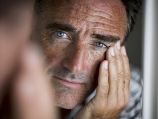 An aged man with intense blue eyes looks at his reflection, contemplatively touching face near the mirror.