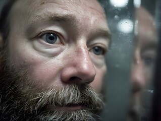 Anxious man with blue eyes sta intently at his reflection in a slightly dirty, misty bathroom mirror.