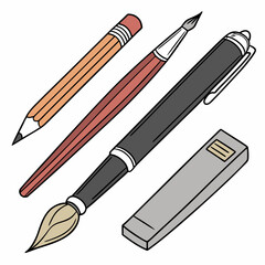 Hand Drawn Art Supplies Including Pencil Pen And Brush