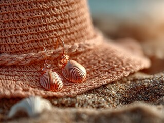 Golden ears sit gracefully on a woven hat at the beach, illuminated by warm sunlight on vacation.