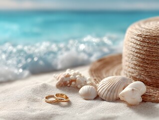 Golden wedding s rest beside seas and straw sun hat on a tropical beach with turquoise ocean view.