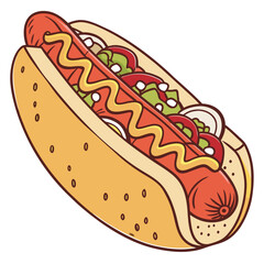 Hand-drawn hot dog with mustard and toppings on white background Keywords: hot dog, cartoon