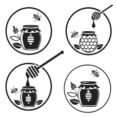 Honey Jar Icons with Bees and Honey Dippers