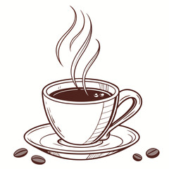 Hot Coffee Cup with Rising Steam and Beans saucer