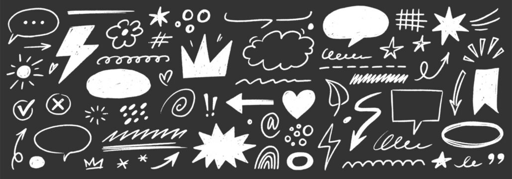 Brush chalk element set. Hand drawn arrow, speech bubble, crayon highlight frame, check mark and comic talk sketch. Blackboard brush chalk texture stroke for kid text elements. Vector illustration