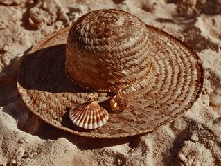 A woven sun hat adorned with seas rests peacefully on the sun-drenched sand of a tropical beach shore.
