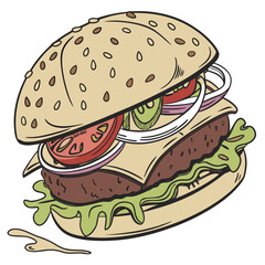 Illustrated hamburger with dripping sauce and ingredients