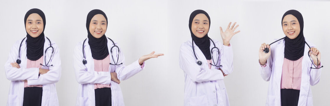 Set collection or collage of beautiful Asian muslim woman doctor with stethoscope isolated on white background