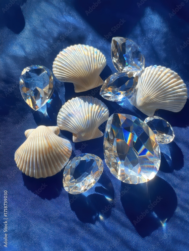 Poster several shiny clear crystal gems and seas are artfully arranged on a blue satin fabric creating a ma