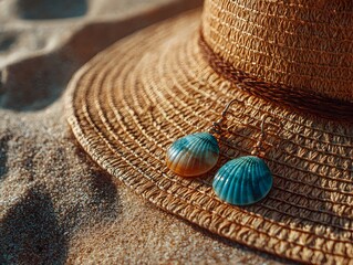 Sea ears rest on a straw sun hat near tan sand du a relaxing summer vacation on the beach.