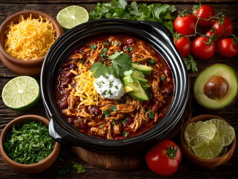 A delicious bowl of flavorful chili with shredded chicken and toppings sits on a rustic wooden table top.