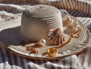 Elegant straw hat adorned with seas and gold jewelry rests on a striped beige and white surface outside.