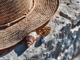 A summer scene features a straw hat, elegant ears, and a sea displayed on a rocky surface outside.