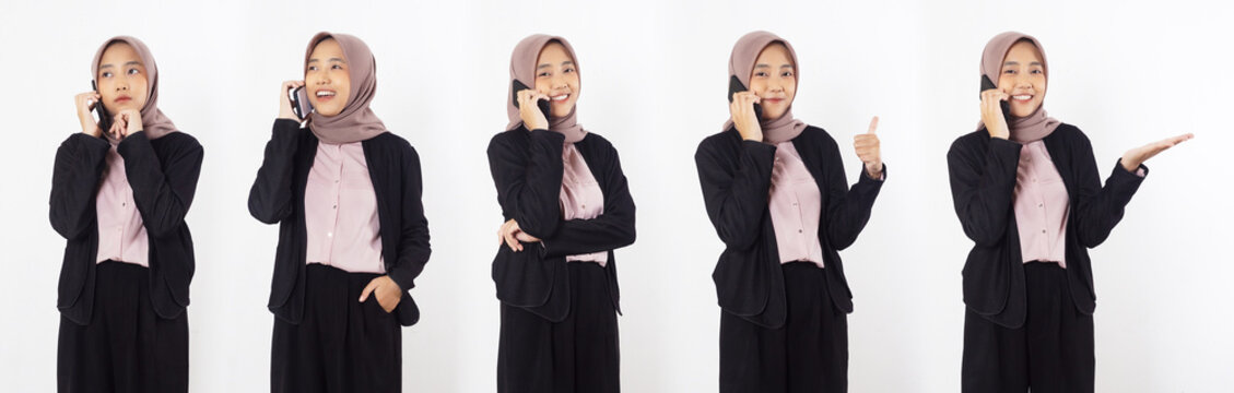 Set collection or collage of beautiful muslim business woman talking on the phone call isolated on white background