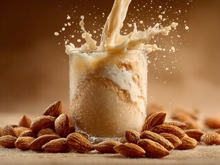 Creamy almond milk is pou into a glass creating splashes surrounded by almonds against warm backdrop.