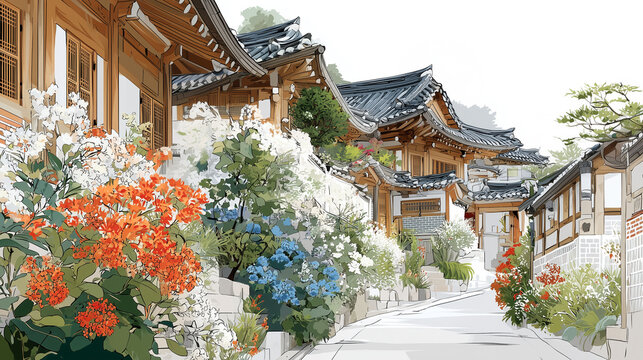 북촌한옥마을에서 영감을 받은 봄꽃이 만발한 한옥마을의 골목, 일러스트레이션 스타일-An alley in a Hanok village in full bloom with spring flowers, inspired by Bukchon Hanok Village, illustration style