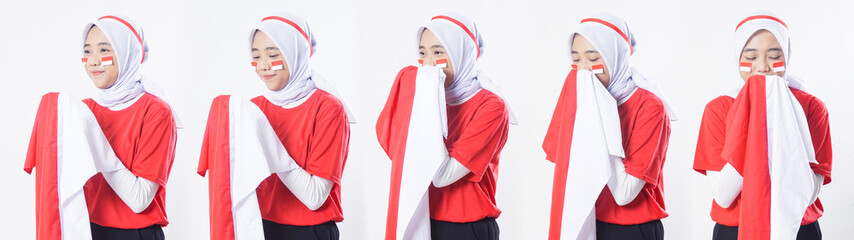 Set collection or collage of Indonesian muslim woman showing nationalism with kisses Indonesian red...