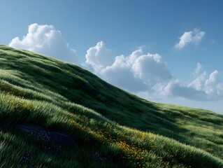 Green hillside covered in grass and flowers under a bright blue sky with fluffy white clouds overhead today.