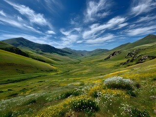 Rolling green hills covered in wildflowers lead to distant mountains under a bright blue sky with wispy clouds.