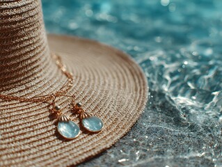 Straw hat with gold necklace and ears lie in shallow rippling water on a bright sunny summer day.