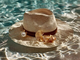 A straw sun hat decorated with sea s and pearl floats serenely on the surface of a clear blue pool.
