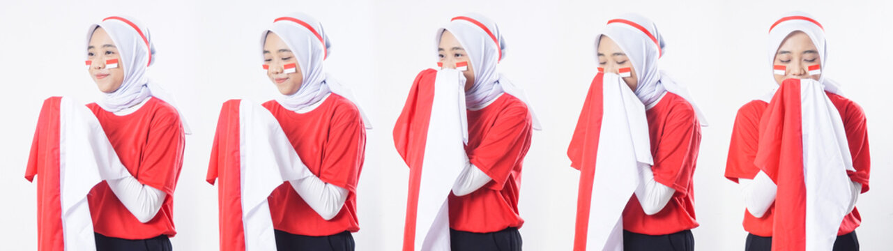 Set collection or collage of Indonesian muslim woman showing nationalism with kisses Indonesian red and white flag isolated on white background