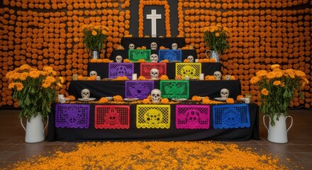 Colorful Day of the Dead Altar Decorated with Marigolds and Skulls