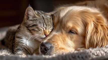 loyal. Golden retriever puppy nuzzling tabby kitten, capturing heartwarming animal friendship. wildlife magazines, conservation campaigns, designed for nature documentaries and education.