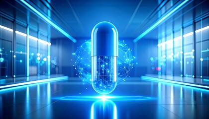 Futuristic capsule, digital network, glowing